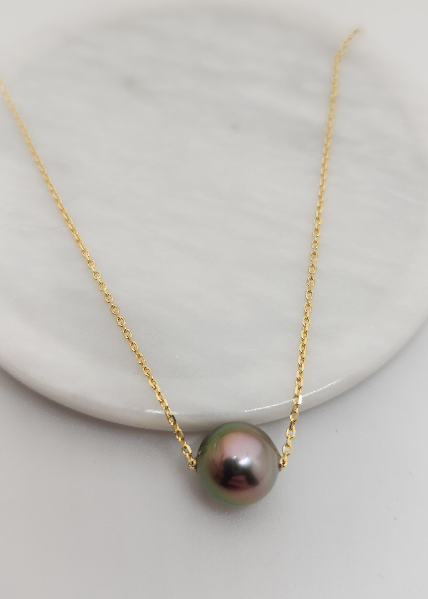 Round Black Tahitian Pearl on Gold Chain