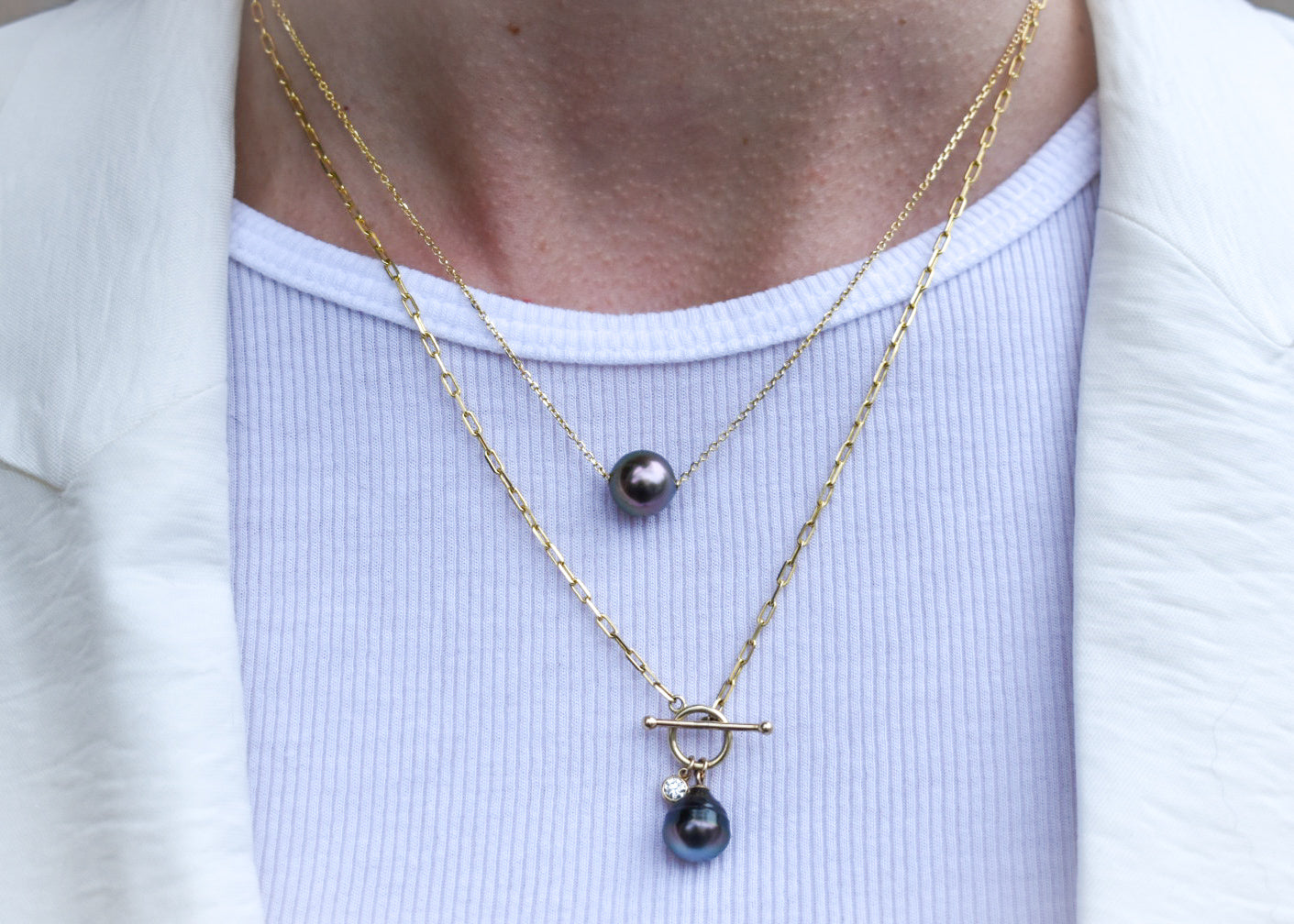 Round Black Tahitian Pearl on Gold Chain
