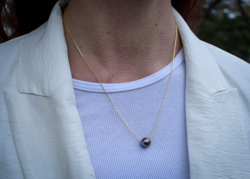 Round Black Tahitian Pearl on Gold Chain