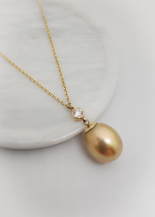 Long Yellow South Sea Pearl and Diamond Necklace